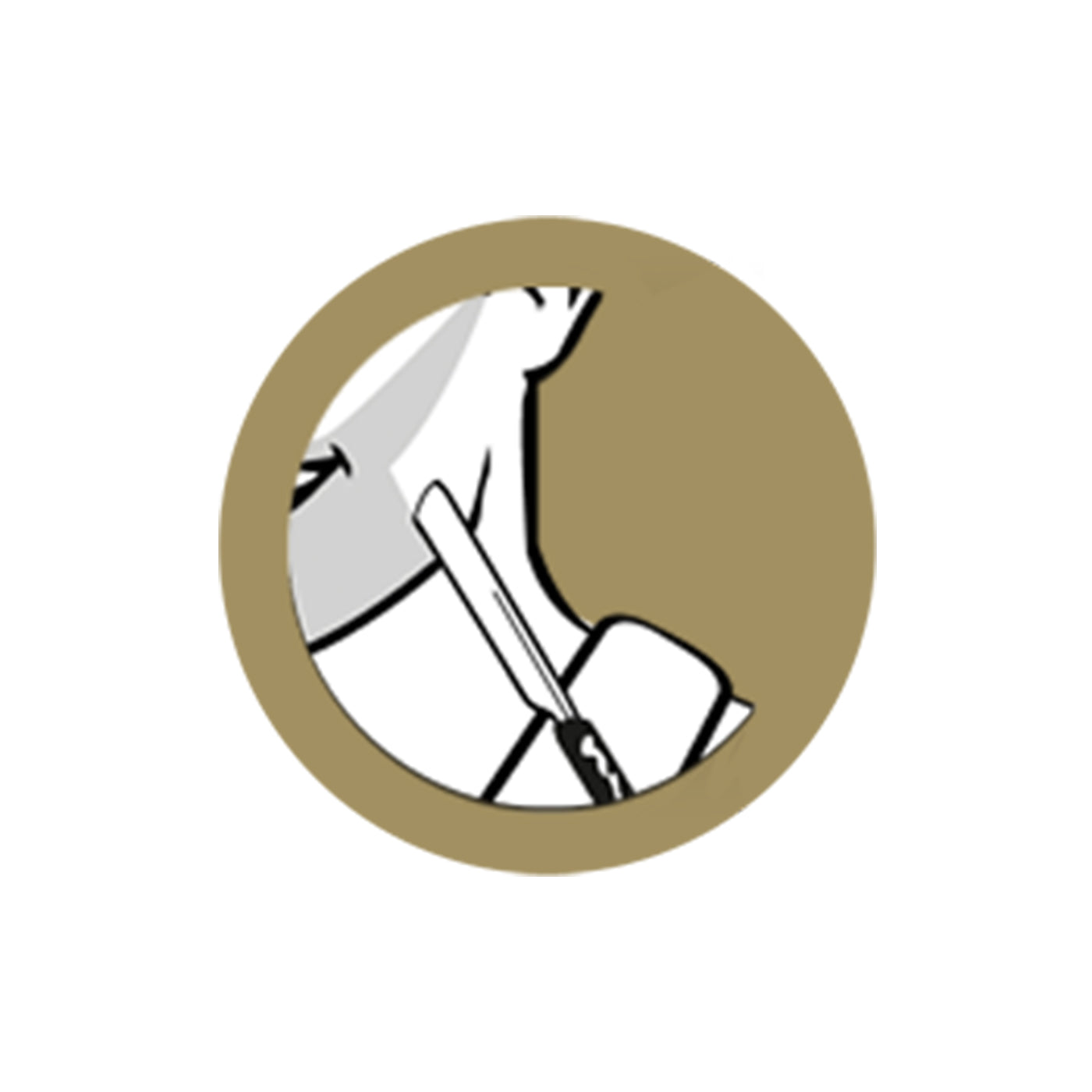 Seventh step, use a gentle but firm touch, illustration of a man with a straight razor shaving his face in a brown circle on a white background