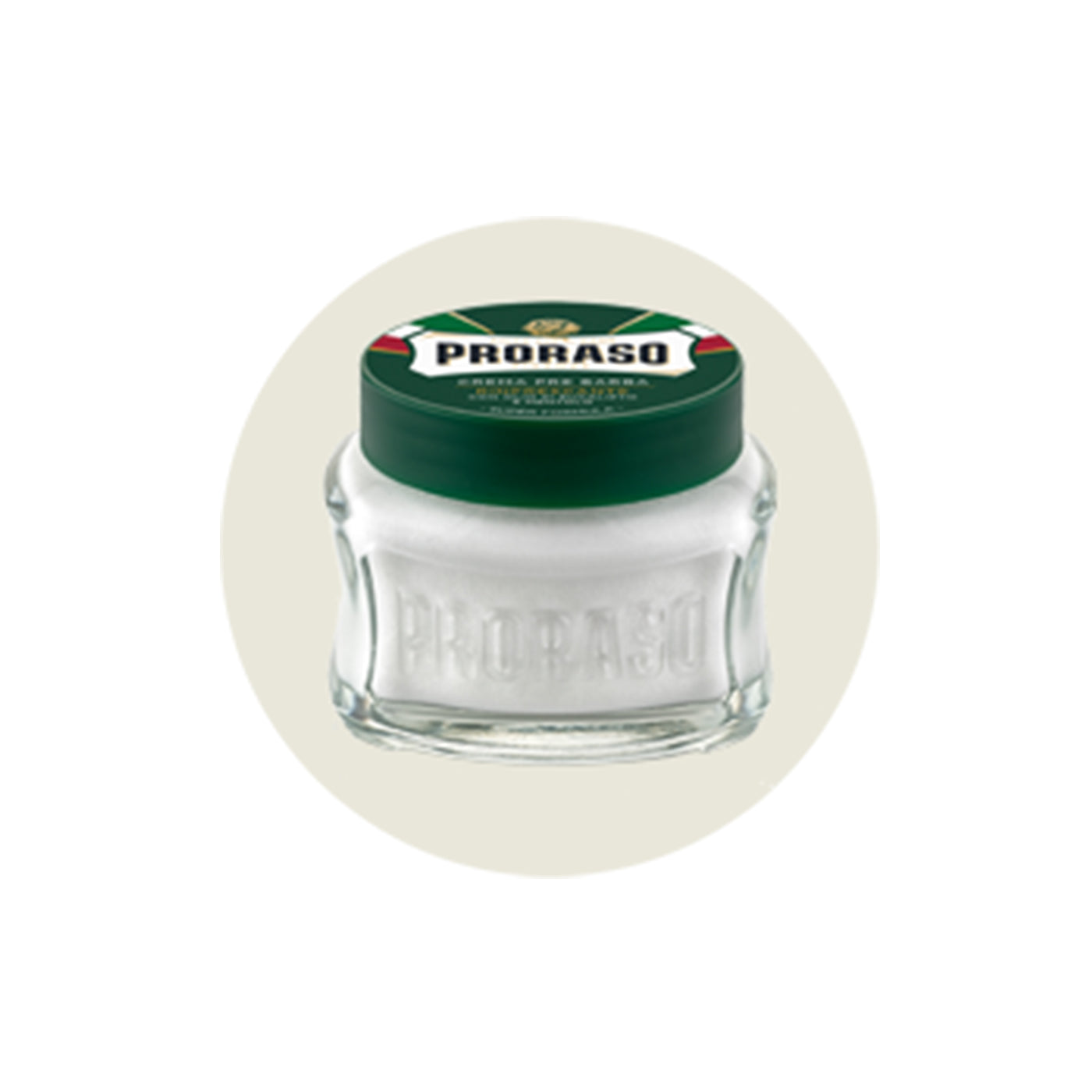 Step 2 of a perfect Shave Refreshing Pre-Shave Cream Jar with a light beige circle behind it on a white background