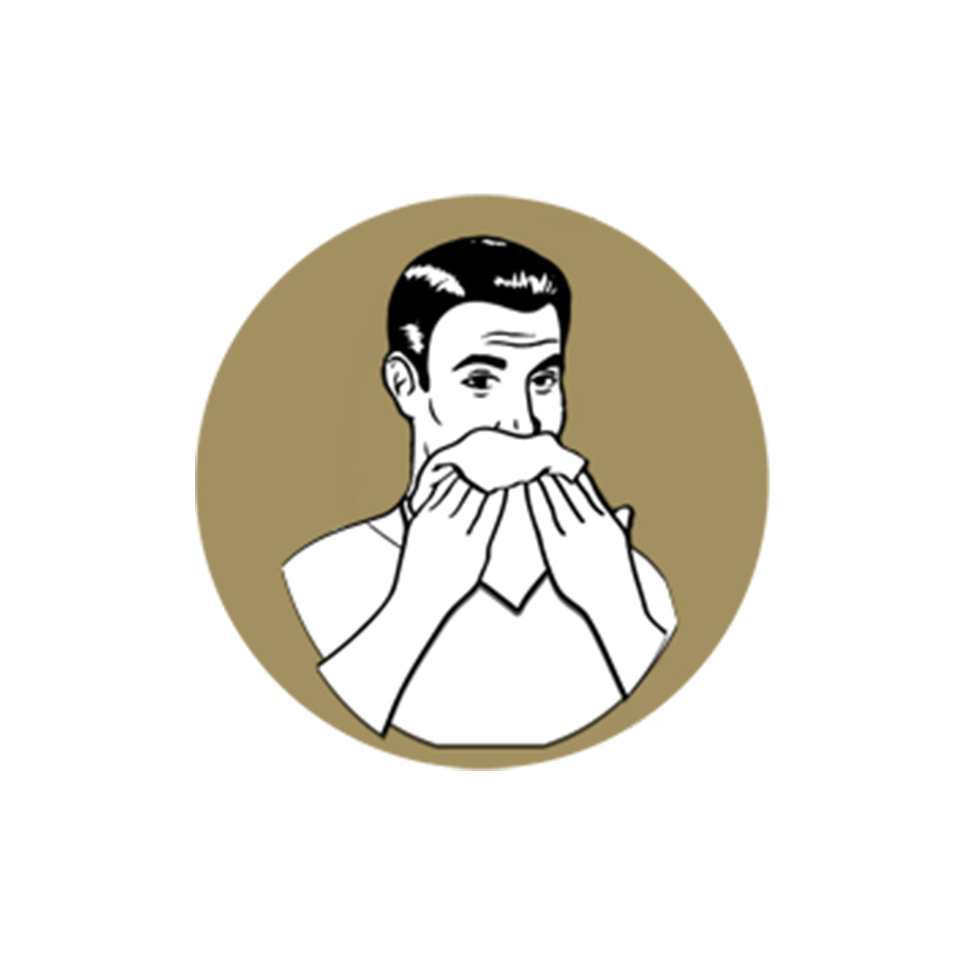 Third step of the perfect shave illustration of a man wrapping his face in a warm, wet towel on a light brown circle with a white background