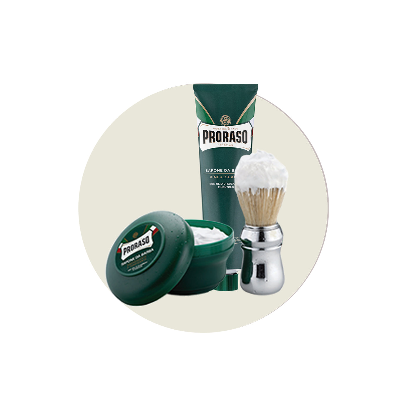 Fifth step build your lather with a brush in a bowl, image of Refreshing Shaving Soap in a Bowl, Shave Cream Tube and Professional Shave Brush with a lather on it in a light brown circle on a white background