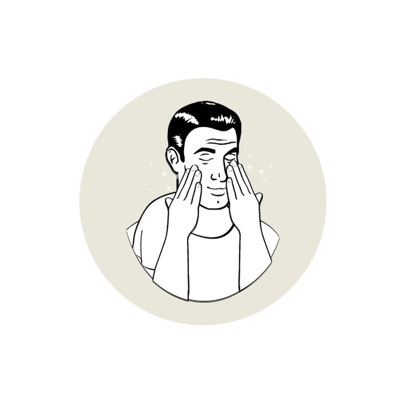Eight step rinse your face, illustration of man rinsing his face and patting skin dry on a light brown circle on a white background