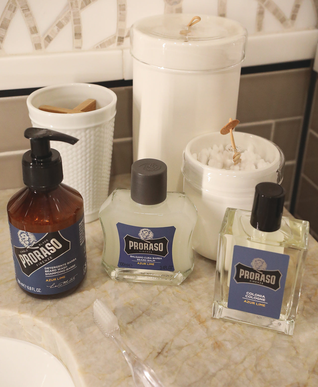 Azur Lime Beard Wash, Beard Balm and Cologne sitting on the side of bathroom sink