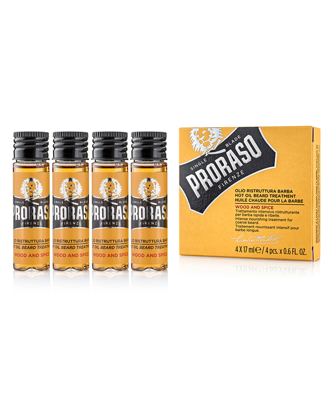 Four vials of Wood & Spice Hot Oil Beard Treatment with box on a white background 