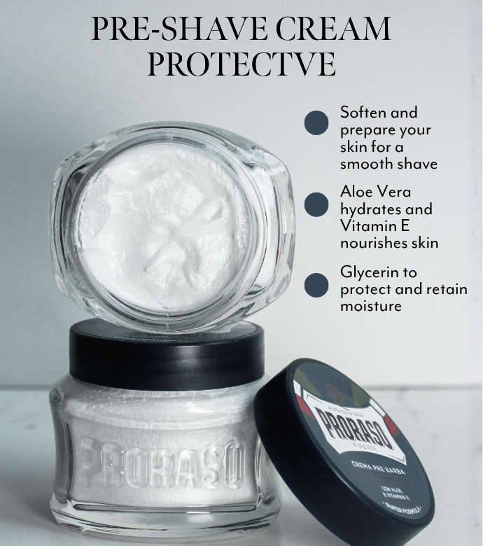 Two jars of Protective Pre-Shave Cream one sitting on top of the other with the lid open facing front to see the texture of Pre-Shave Cream with features and benefits listed