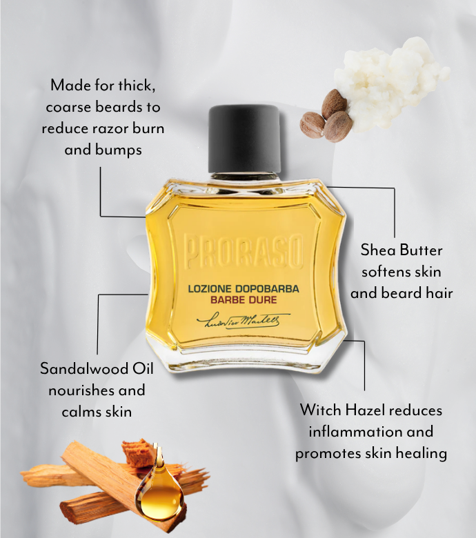 Coarse Beard After Shave Lotion features and benefits graphic with ingredients Sandalwood Oil and Shea Butter.