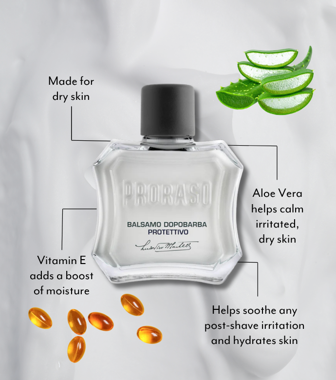 Protective After Shave Balm features and benefits graphic with Vitamin E and Aloe Vera