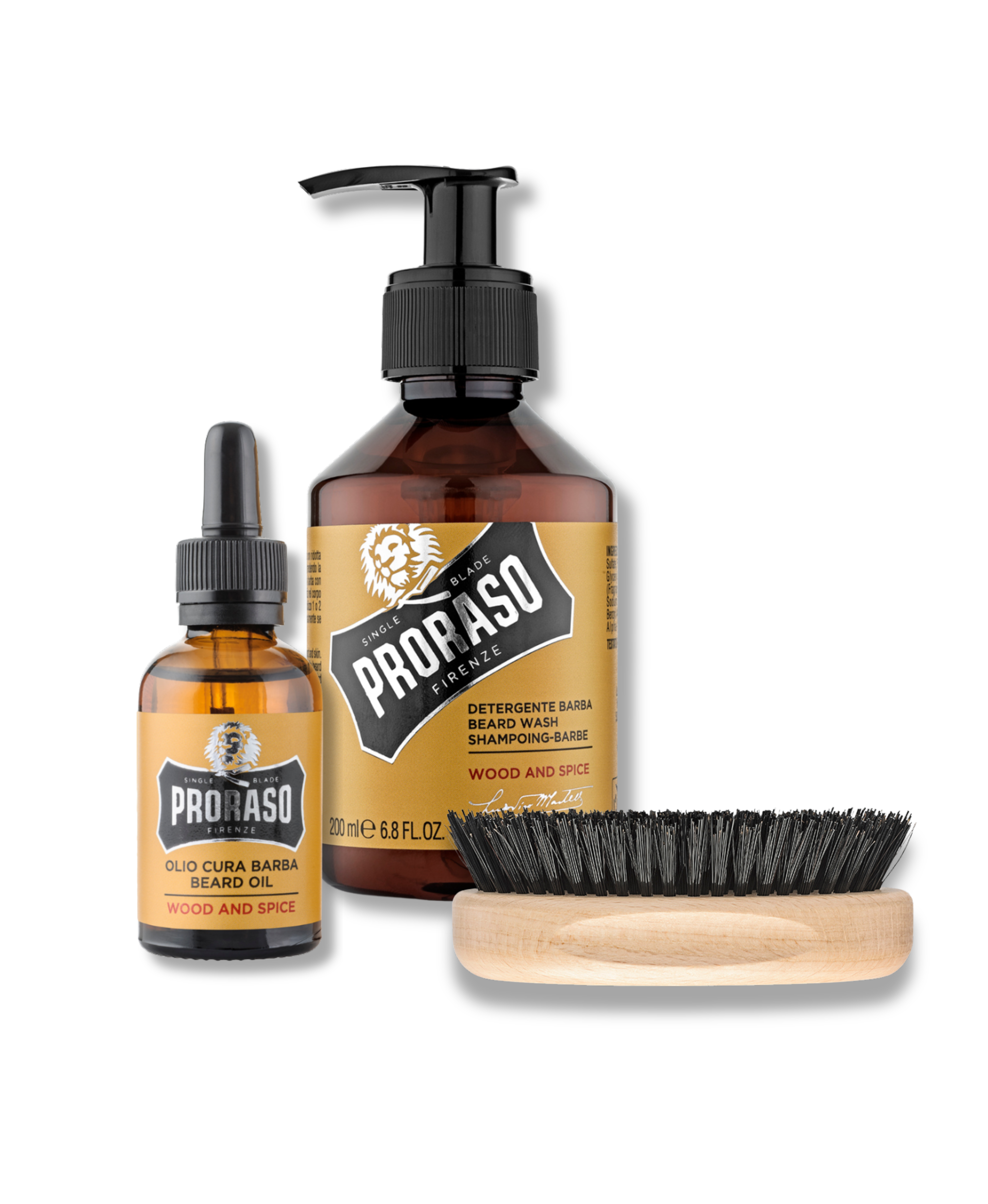 Long Beard Bundle components: Wood & Spice Beard Oil, Beard Wash and Old Style Military Brush