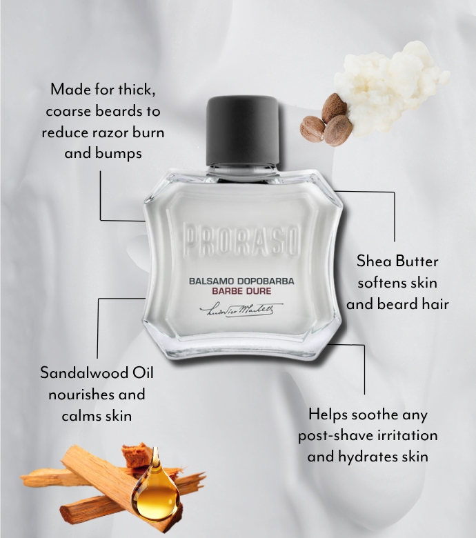 Coarse Beard After Shave Lotion features and benefits graphic with Shea Butter and Sandalwood 