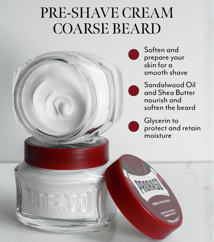 Two jars of Coarse Beard Pre-Shave Cream one sitting on top of the other open top with features and benefits graphic 