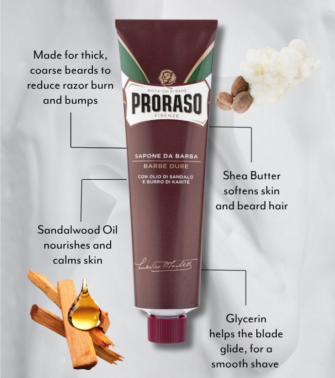 Coarse Beard Shave Cream Tube with features and benefits graphics showing Sandalwood and Shea Butter