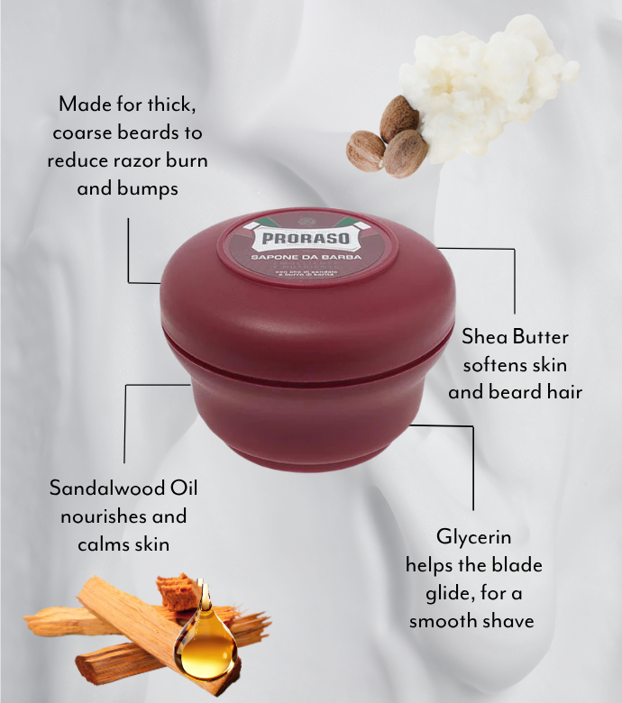 Coarse Beard Shave Soap in a Bowl features and benefits graphic with Sandalwood and Shea Butter.
