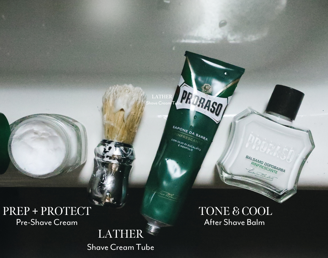 Refreshing Pre-Shave Cream, Shave Cream Tube and After Shave Balm sitting on the side of bathtub