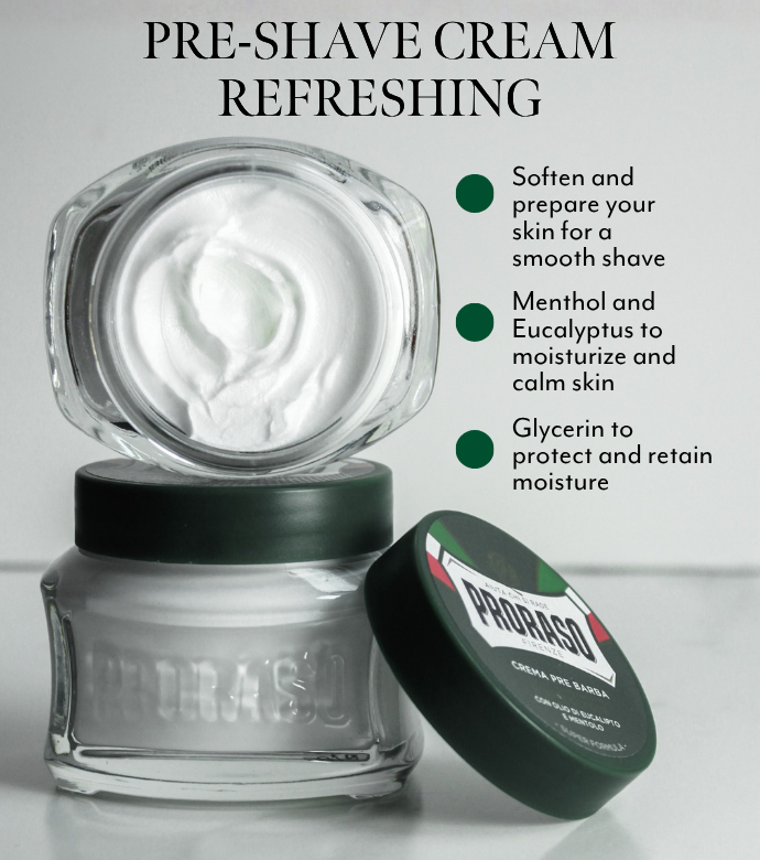 Two jars of Refresh Pre-Shave Cream, one open facing front to see texture with lid off sitting on bottom jar. With benefits listed on the side.