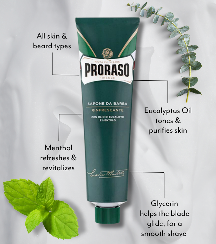 Refresh Shave Cream Tube with benefits listed and key ingredients Menthol and Eucalyptus graphics