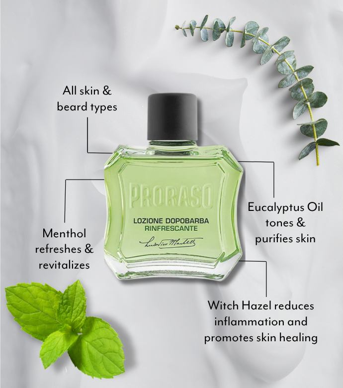 Bottle of Refresh After Shave Lotion graphic with product benefits, key ingredients Menthol and Eucalyptus graphics 