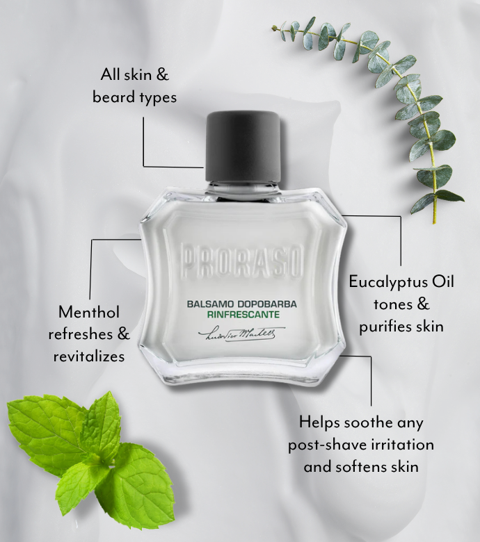 Refresh After Shave Balm with benefits graphics, Menthol and Eucalyptus ingredient graphics 