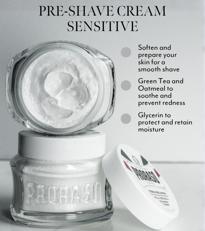 Two jars of Sensitive Pre-Shave Cream, one sitting on top of the other with the lid off facing forward to show product texture with a graphic about features and benefits
