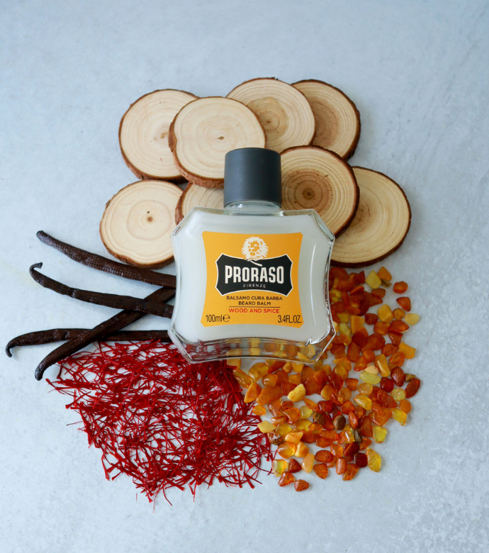 Wood & Spice Beard Balm sitting on scent ingredients: Cedar, Vanilla, Saffron and Amber 