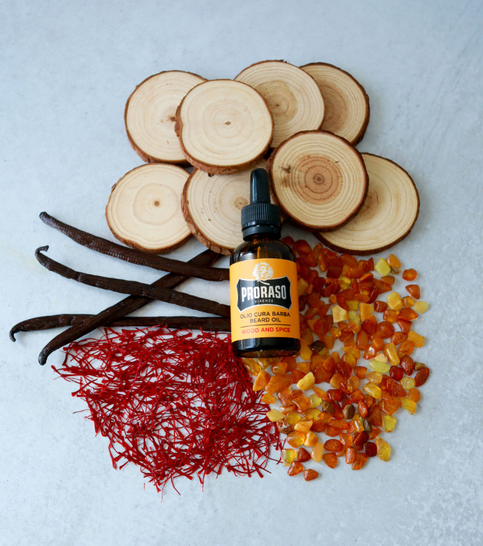 Wood & Spice Beard Oil sitting on scent ingredients: Cedar, Vanilla, Saffron and Amber 
