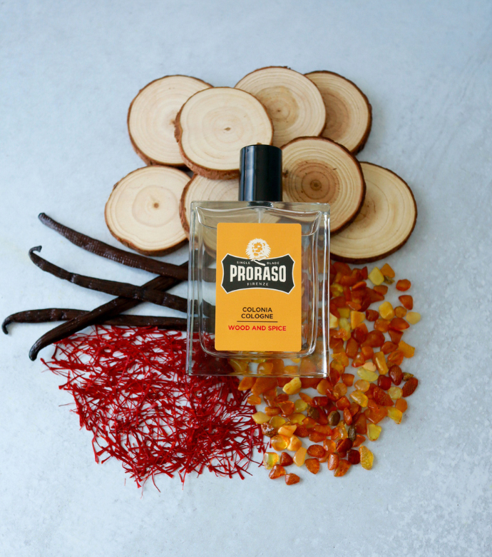 Wood & Spice Cologne sitting on scent ingredients: Cedar, Vanilla, Saffron and Amber 